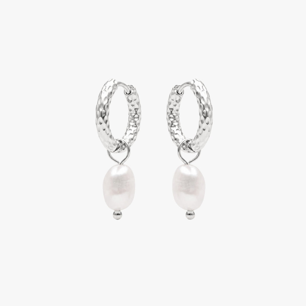Hammered Pearl Hoop Earrings